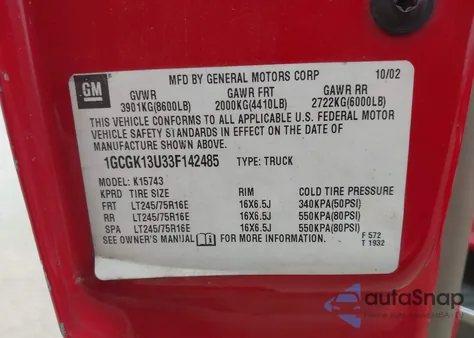 2003 Chevrolet Silverado 1500Hd Ls from USA, damaged, VIN 1GCGK13U33F142485